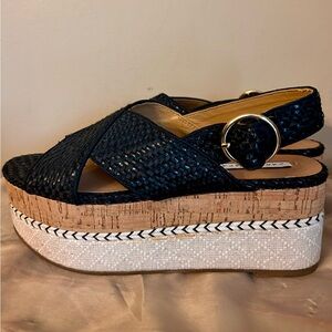 Zara Black Woven Cork Platform Slingbacks